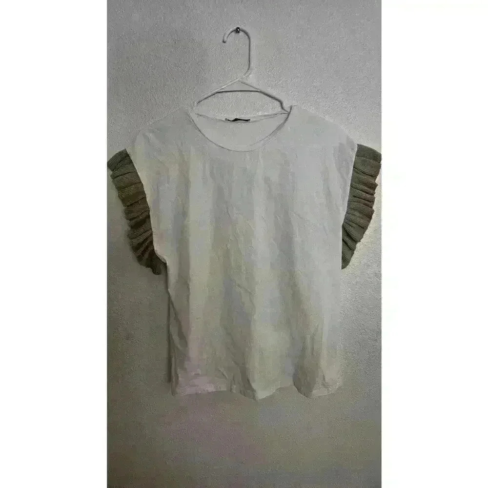 Zara Women's White & Cream Blouse Ruffled Short Sleeves Size M Casual Cottage